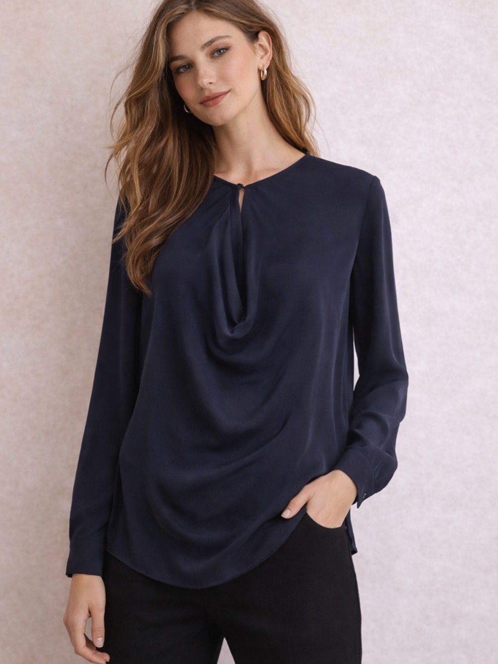 Vince 100% Silk Draped Cowl Neck Blouse – Navy | Size 10